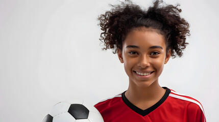 Portrait of smiling biracial young female soccer player with ball standing against white background unaltered sport sports uniform copy space athlete and womens soccer : Generative AI - Powered by Adobe