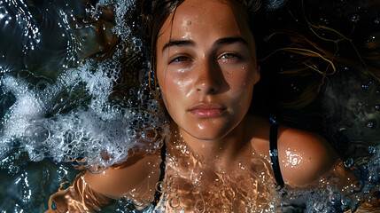 Underwater view of a young girl swimming, with a focus on her face and the bubbles surrounding her