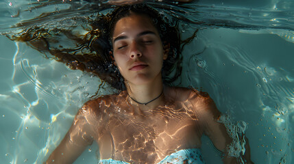 Peaceful image of a girl lying still in water, with reflections and ripples surrounding her serene face