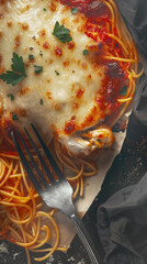 Overhead closeup of chicken parmigiana pasta - 787306761
