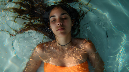 An enchanting view of a girl seemingly sleeping underwater, her face calm and harmonious with the environment