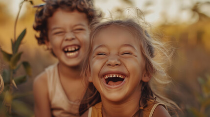 A heartwarming moment captured with two children laughing together in a natural environment, embodying joy