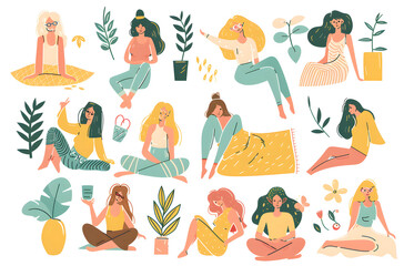 Colorful collection of illustrated women engaging in leisure and self-care activities
