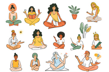 A vibrant illustration featuring women in diverse yoga poses with calming color tones