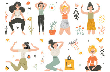 A collection of colorful, charming illustrations depicting various women engaged in different leisure activities with plant motifs