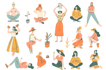 An array of beautifully designed illustrations focusing on women enjoying everyday lifestyle moments and hobbies