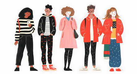 Stylishly dressed character illustrations showcase modern fashion trends with deliberately blurred facial features