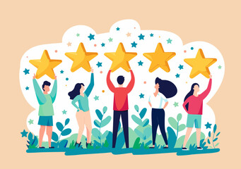 Young diverse multicultural customers give 5-star rating, feedback on excellent user experience, service quality - vector illustration