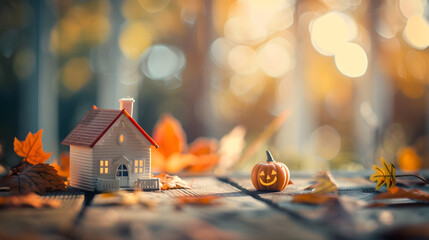 Autumnal Background Toy house and pumpkin on wooden background Thanksgiving banner copy space Hygge mood change of seasons concept Hello Autumn with family Halloween party : Generative AI - obrazy, fototapety, plakaty