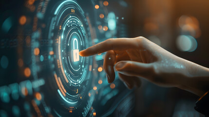 A person interacts with a futuristic holographic digital lock interface, symbolizing cybersecurity