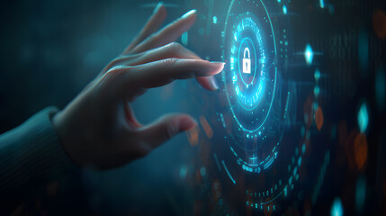 A futuristic image of a hand reaching out to a secure holographic lock, emphasizing data protection
