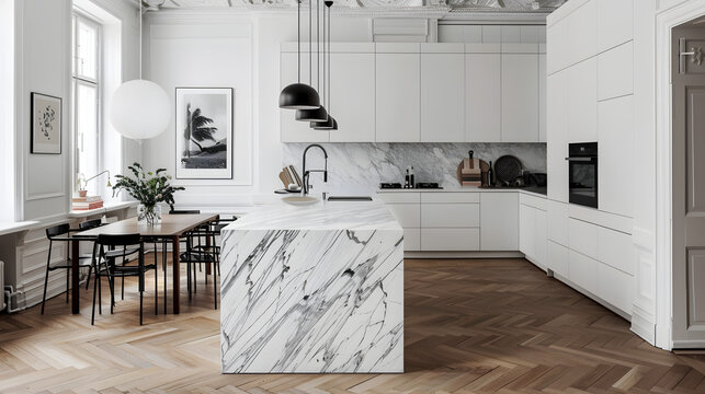 A blend of classic and contemporary styles, this chic kitchen features a herringbone wood floor, white marble island, and charming decor