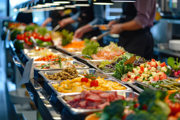 catering buffet with food indoor in restaurant with meat colorful fruits and vegetables. Generative AI