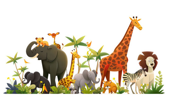 cartoon picture of animals on safari on a white background. No shadows