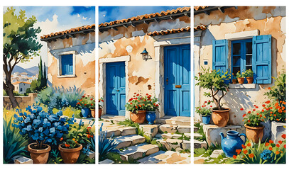 A typical Greek house in a village with a blue door, widescreen, triptych