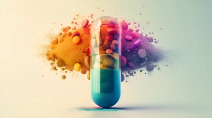 Fotobehang Pill that makes you feel better in opened capsule form, generative Ai © Zoya