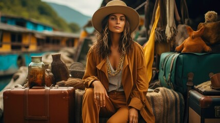 Capturing eco-conscious fashion choices of travelers, blending local attire with sustainable accessories in diverse settings - obrazy, fototapety, plakaty