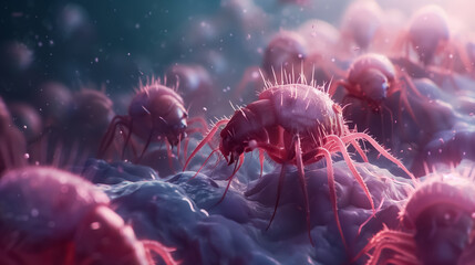 Dust mites visualized at a microscopic level their environment rendered in hyper-realistic detail under majestic cinematic light emphasizing the allergen challenge close-up detail