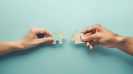 Young adult woman hand fingers holding and connecting different two white puzzle pieces on light blue table background. Pastel color. Closeup. Compatibility concept. Point of view shot. - obrazy, fototapety, plakaty