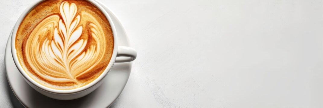 Exquisite flat white coffee flower latte art on pristine white table for a delightful touch