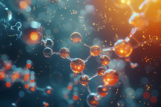 Molecular structure floats in a biotech lab, glowing bonds highlighted in cinematic light, detailed close-up