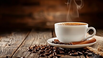 Steaming coffee cup with fragrant cinnamon and roasted coffee beans for a delightful aroma - obrazy, fototapety, plakaty