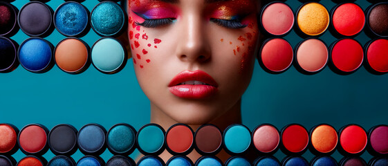 Portrait of a colorfully made-up woman surrounded by eyeshadow cans, cosmetics concept