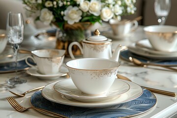 Luxurious porcelain tea set with golden patterns on a serving table.