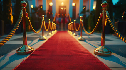 Red carpet with ropes and golden barriers on a luxury party entrance, cinema premiere film festival event award gala ceremony, wealthy rich guests arriving, outdoor decoration elements, summer day - obrazy, fototapety, plakaty