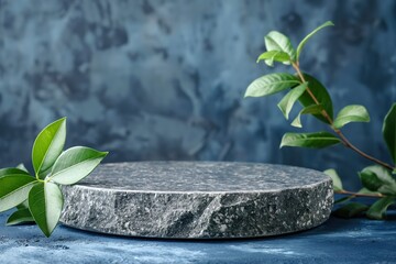 A plant sprouting from a weathered podium stone in studio.