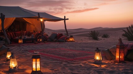 Immerse yourself in Bedouin culture and tradition by spending a night in a desert camp surrounded by the gentle breeze and sand dunes. 2d flat cartoon.