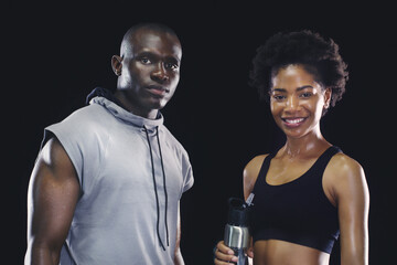 Black people, portrait and sports workout with personal trainer or sweating, dark background or...