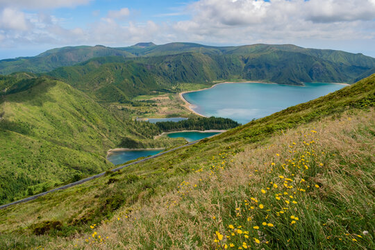 Hill with wild flowers and herbs in aerial view to Fire Lagoon in volcanic caldera, São Miguel - Azores PORTUGAL