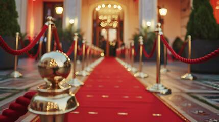 Red carpet with ropes and golden barriers on a luxury party entrance, cinema premiere film festival event award gala ceremony, wealthy rich guests arriving, outdoor decoration elements, summer day - obrazy, fototapety, plakaty