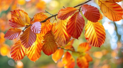 Hornbeam tree displaying vibrant autumn foliage in sunlight