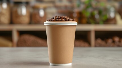 Mock up Blank brown paper cup with coffee beans photograph on coffee shop background