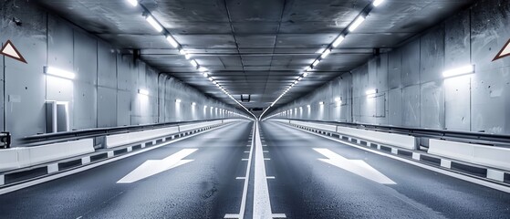 A wide-angle view of a well-lit modern tunnel with fluorescent lights creating a vanishing point on the horizon. - obrazy, fototapety, plakaty