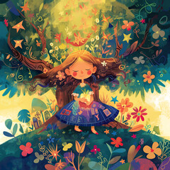Obraz na płótnie Canvas Painting of a girl sitting under a tree in a garden.