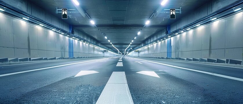 The cool blue lighting of a tunnel sets a futuristic tone, with white arrows on the pavement offering clear direction.