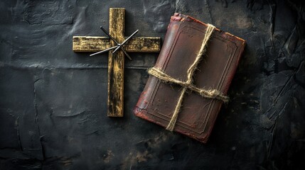 A wooden cross, a book, and a pair of scissors arranged neatly on a table.