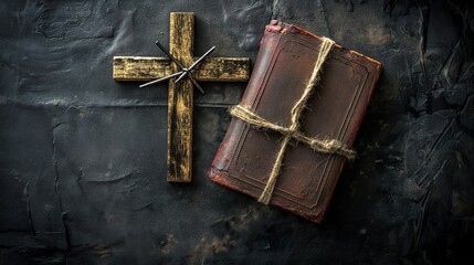A wooden cross, a book, and a pair of scissors arranged neatly on a table. - Powered by Adobe