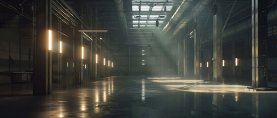 Morning sunlight streams into an expansive industrial warehouse, highlighting the clean lines and modern structure within. - obrazy, fototapety, plakaty