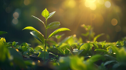 Small tree growing on the blurred fresh green nature background with bokeh of sunlight, Growth of business concepts. - obrazy, fototapety, plakaty