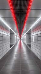 A pristine white corridor with a bold red neon ceiling stripe, offering a futuristic ambiance and a deep vanishing point.
