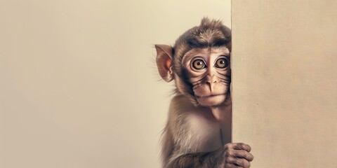 Curious baby monkey peeking out with an innocent expression from behind a wall