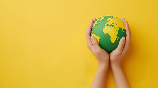 World Earth Day Concept. Green Energy, ESG, Renewable and Sustainable Resources. Environmental Care. Paper Cut as Hands Embracing Green Globe. Hug and Cherish the World
