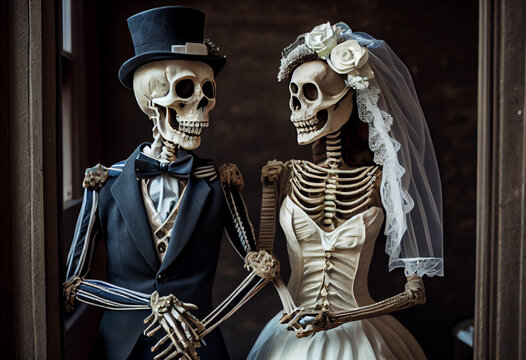 Two skeletons, bride and groom, wedding day. AI generated.