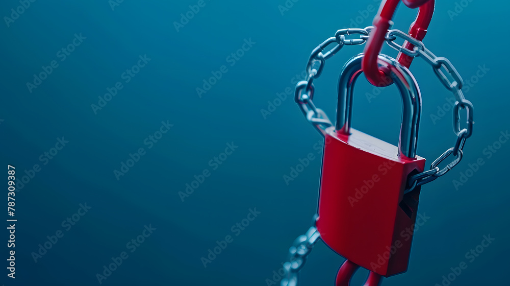 Aufkleber safety concept red chain and padlock on blue background copy space : generative ai