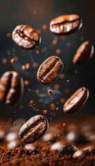 Roasted coffee beans floating in levitation on dark background for a captivating visual