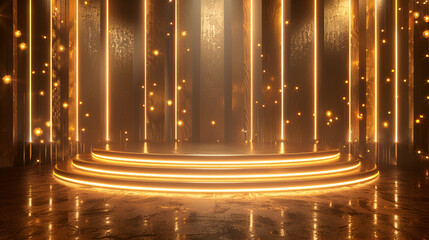 Podium with golden light lamps background, generative Ai